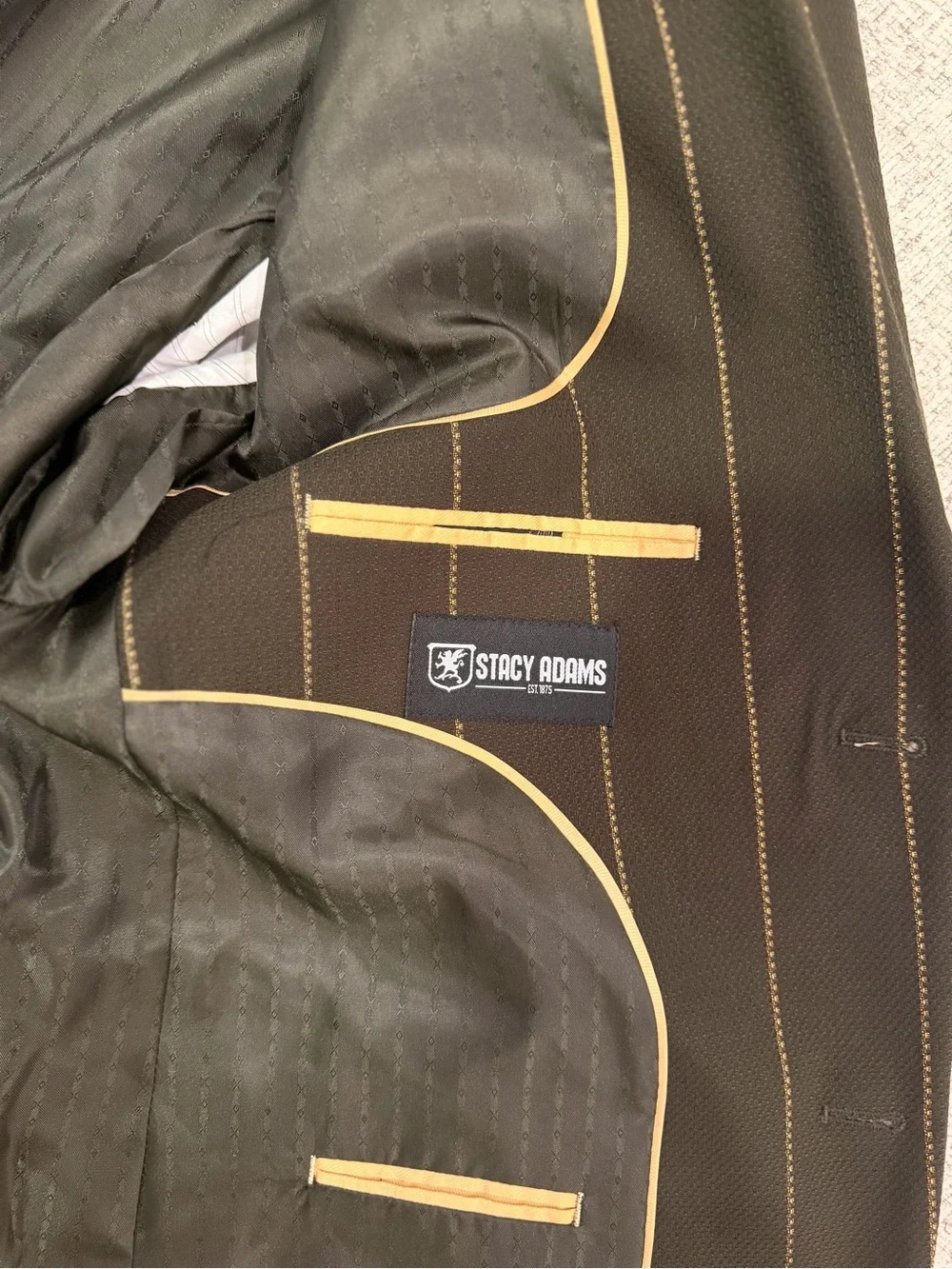 Stacy Adams 3 Pc Suit Dark Green Gold Pinstripe Blazer Vest Pants 44R 38R